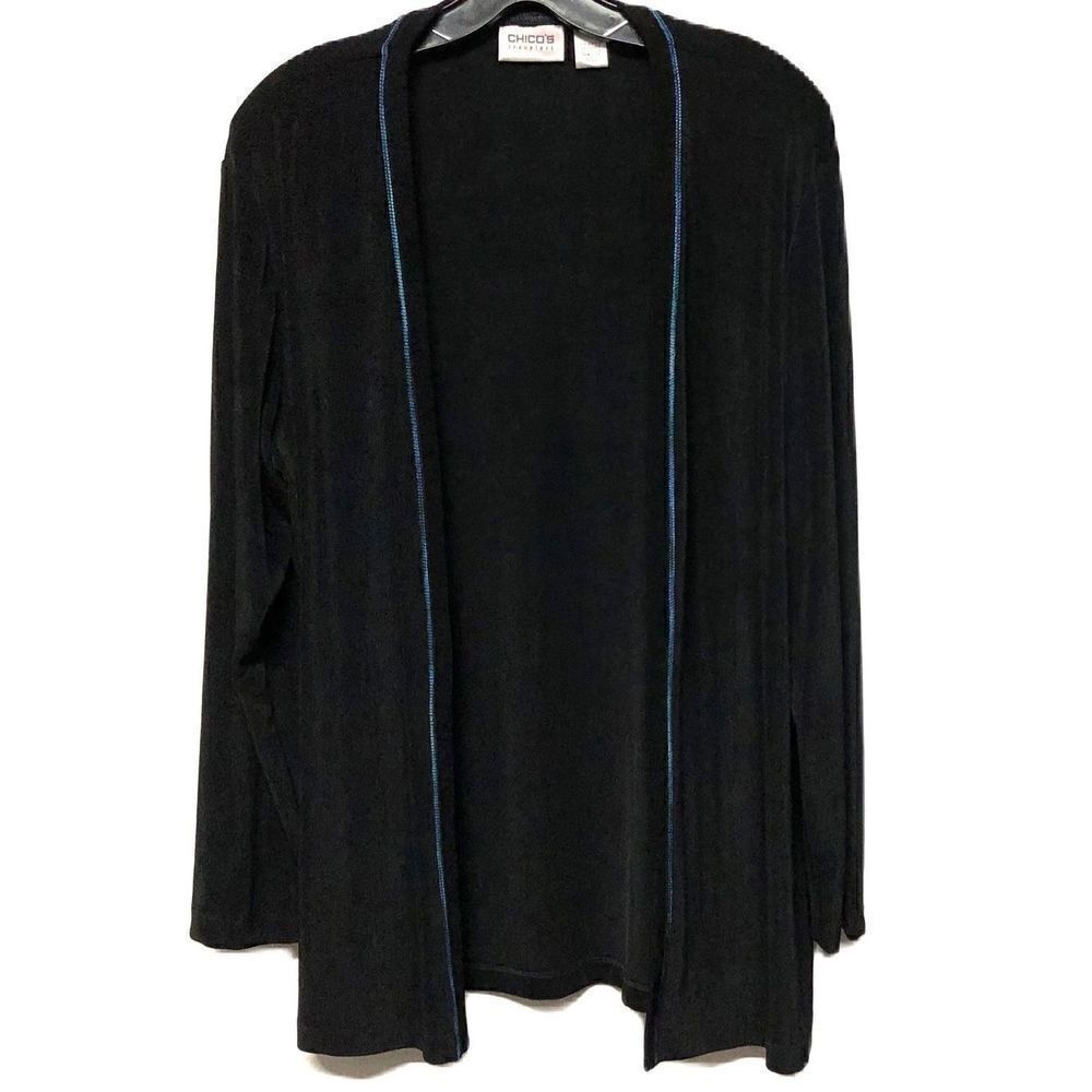 Chicos Travelers Sz 2 (M or Sz 12) Black Long Sleeve Cardigan w/ Blue Trim